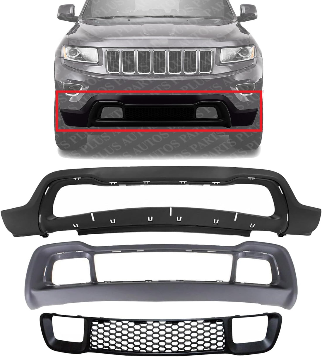 Front Bumper Lower Cover Primed + Grille & Frame Direct Replacement Compatible With 2014-2016 Jeep Grand Cherokee CH1015115 CH1036128 CH1037108 1WL30TZZAD 68141936AD 68143070AD