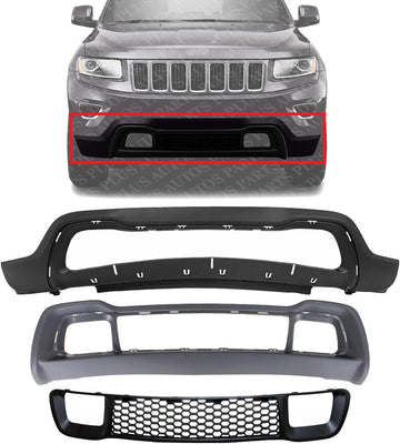 Front Bumper Lower Cover Primed + Grille & Frame Direct Replacement Compatible With 2014-2016 Jeep Grand Cherokee CH1015115 CH1036128 CH1037108 1WL30TZZAD 68141936AD 68143070AD