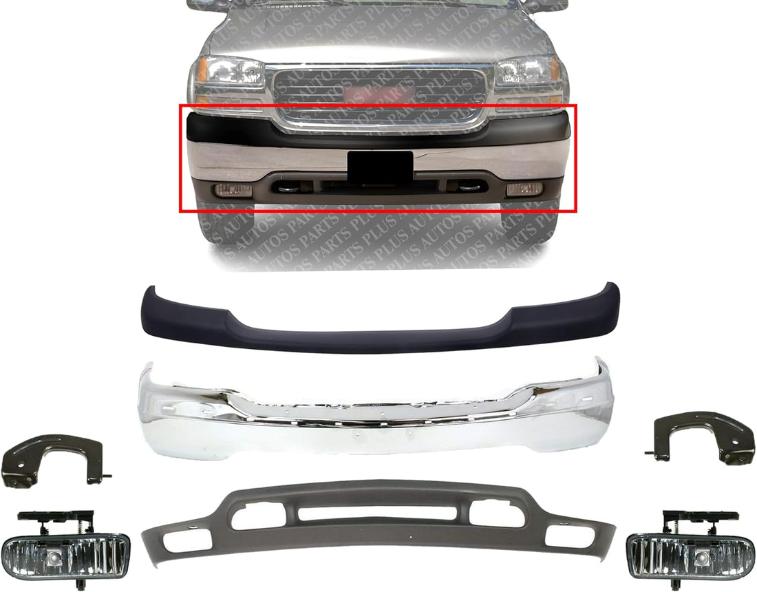 Front Bumper Chrome Steel + Upper Cover + Lower Valance + Brackets + Fog Lights Right & Left Side Direct Replacement Compatible With GMC Yukon 2000-2006 / Sierra 1500 2500HD 1999-02