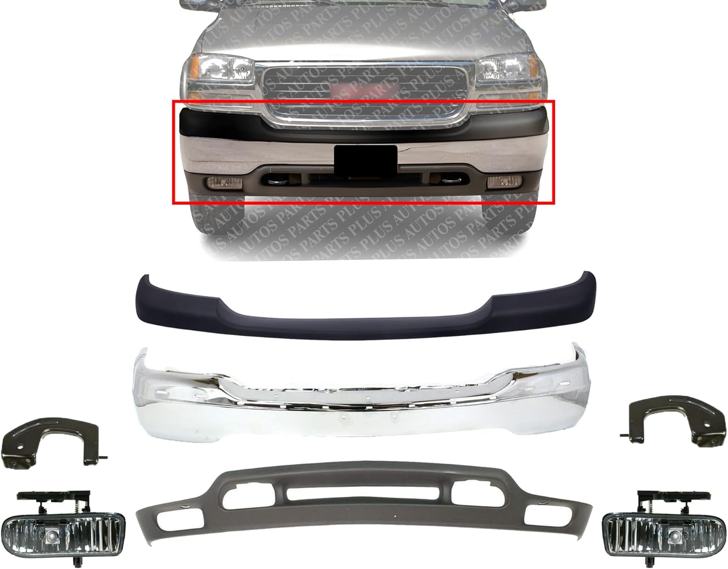Front Bumper Chrome Steel + Upper Cover + Lower Valance + Brackets + Fog Lights Right & Left Side Direct Replacement Compatible With GMC Yukon 2000-2006 / Sierra 1500 2500HD 1999-02
