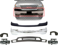 Front Bumper Chrome Steel + Upper Cover + Lower Valance + Brackets + Fog Lights Right & Left Side Direct Replacement Compatible With GMC Yukon 2000-2006 / Sierra 1500 2500HD 1999-02