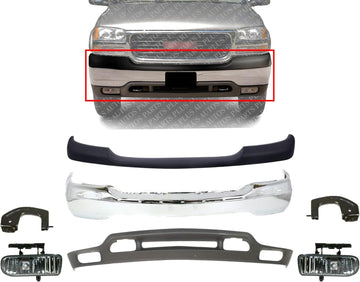 Front Bumper Chrome Steel + Upper Cover + Lower Valance + Brackets + Fog Lights Right & Left Side Direct Replacement Compatible With GMC Yukon 2000-2006 / Sierra 1500 2500HD 1999-02