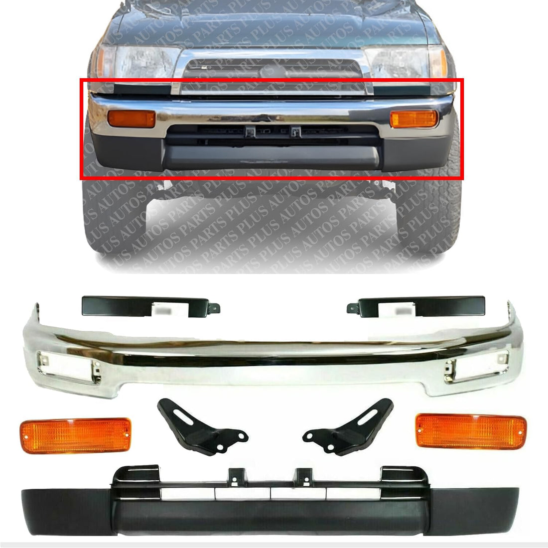 Front Bumper Chrome Steel + Lower Valance Primed + Brackets + Signal Lamps + Fillers Left Driver and Right Passenger Side Direct Replacement Compatible With Toyota 4Runner 1996-1998