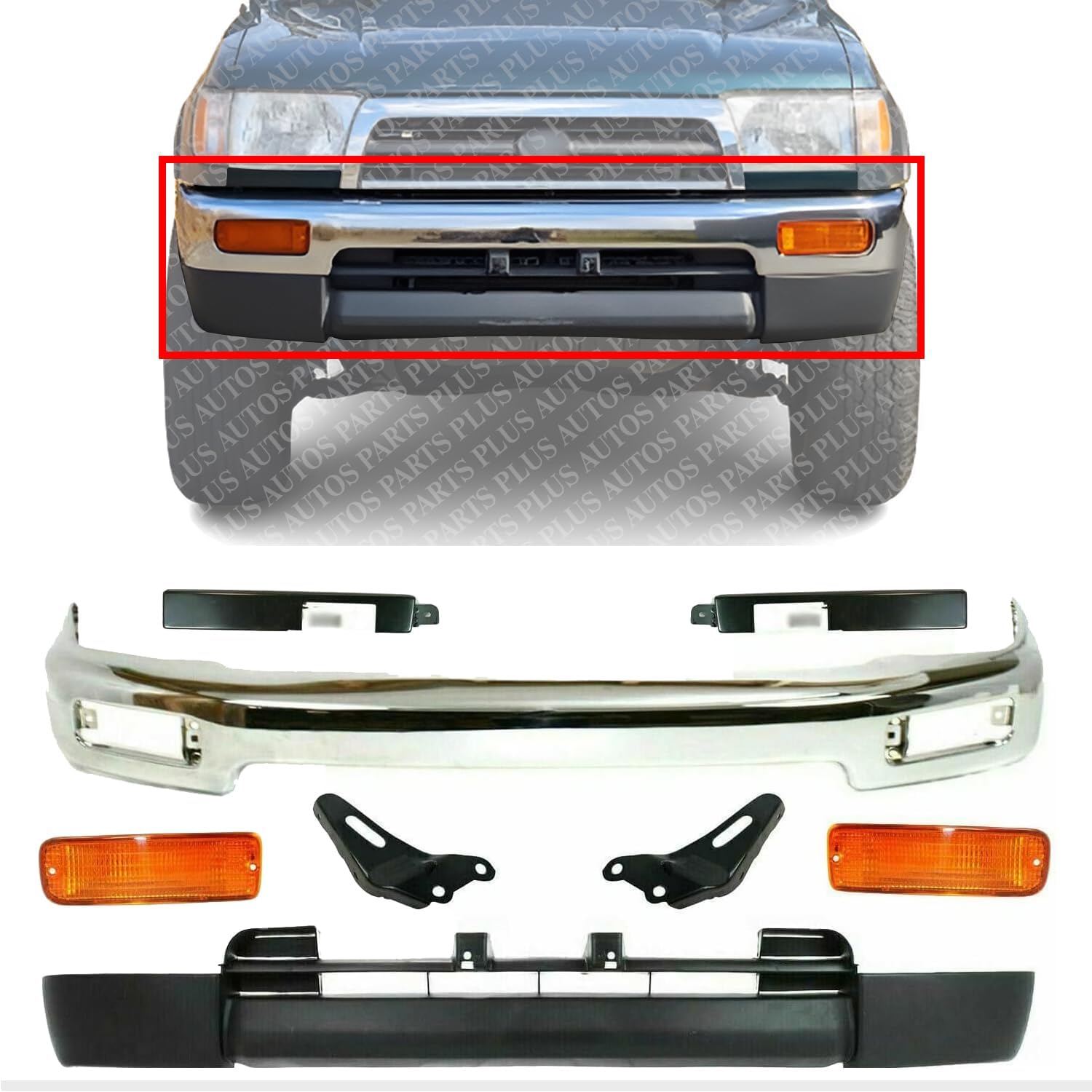 Front Bumper Chrome Steel + Lower Valance Primed + Brackets + Signal Lamps + Fillers Left Driver and Right Passenger Side Direct Replacement Compatible With Toyota 4Runner 1996-1998