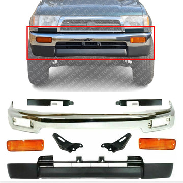 Front Bumper Chrome Steel + Lower Valance Primed + Brackets + Signal Lamps + Fillers Left Driver and Right Passenger Side Direct Replacement Compatible With Toyota 4Runner 1996-1998