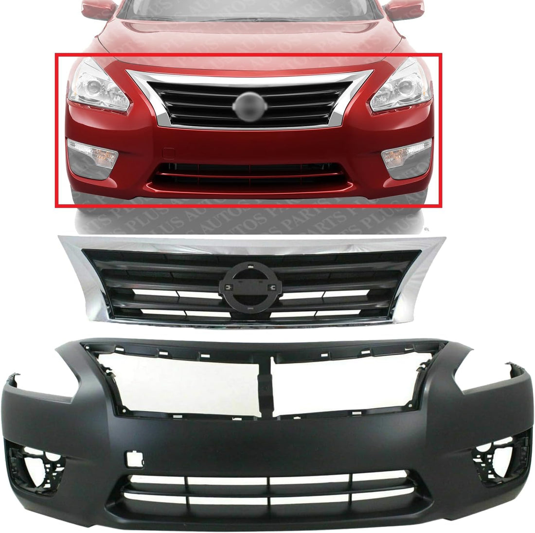 Front Bumper Cover Primed + Grille Chrome Shell & Black Insert Direct Replacement Compatible With 2013-2015 Nissan Altima NI1200250 NI1000285 623103TA0A 620223TA0H