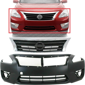 Front Bumper Cover Primed + Grille Chrome Shell & Black Insert Direct Replacement Compatible With 2013-2015 Nissan Altima NI1200250 NI1000285 623103TA0A 620223TA0H
