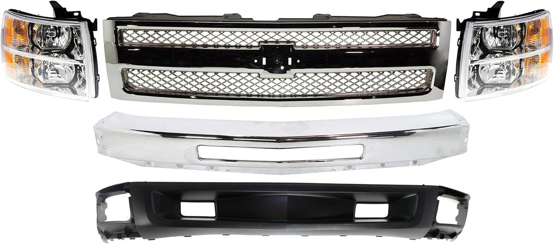 Front Bumper Impact Bar Steel + Grille + Lower Valance Air Deflector + Head Light Left & Right Side Direct Replacement Compatible With 2007-2013 Chevrolet Silverado 1500 GM1002831
