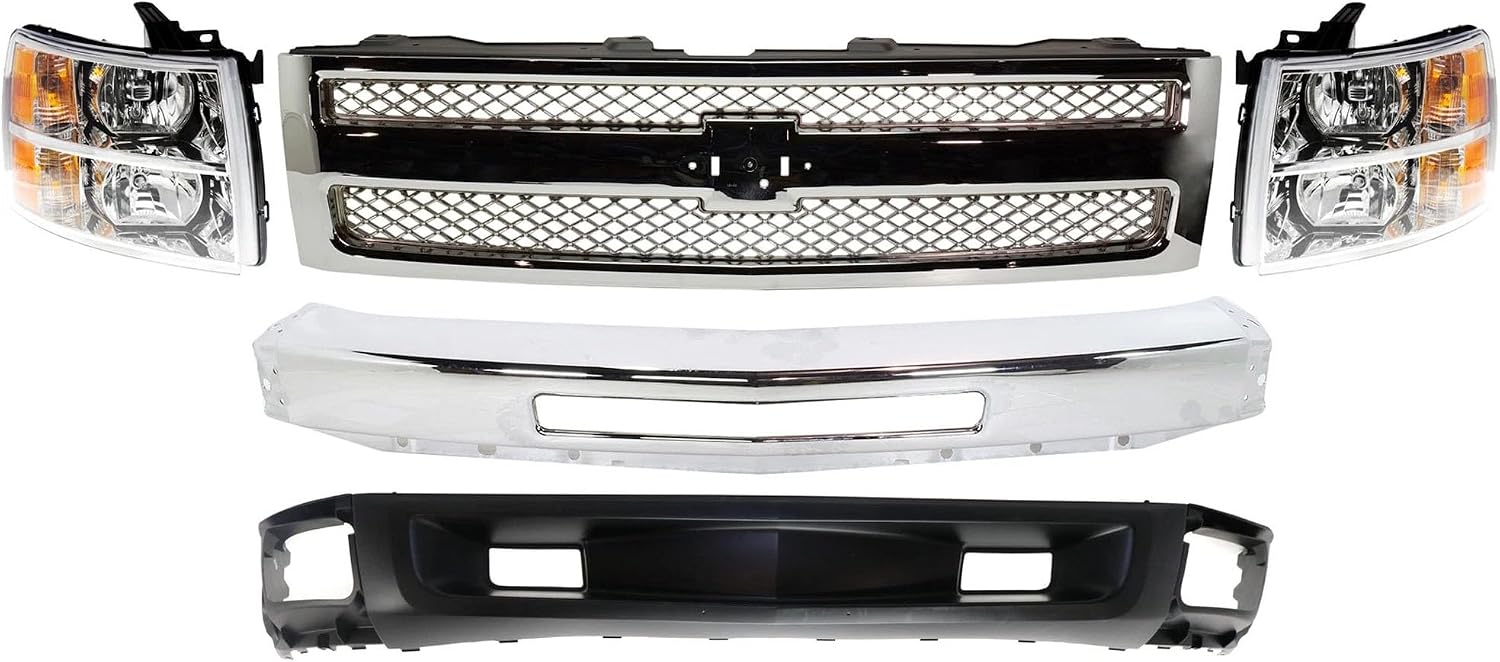 Front Bumper Impact Bar Steel + Grille + Lower Valance Air Deflector + Head Light Left & Right Side Direct Replacement Compatible With 2007-2013 Chevrolet Silverado 1500 GM1002831