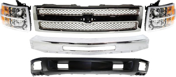 Front Bumper Impact Bar Steel + Grille + Lower Valance Air Deflector + Head Light Left & Right Side Direct Replacement Compatible With 2007-2013 Chevrolet Silverado 1500 GM1002831