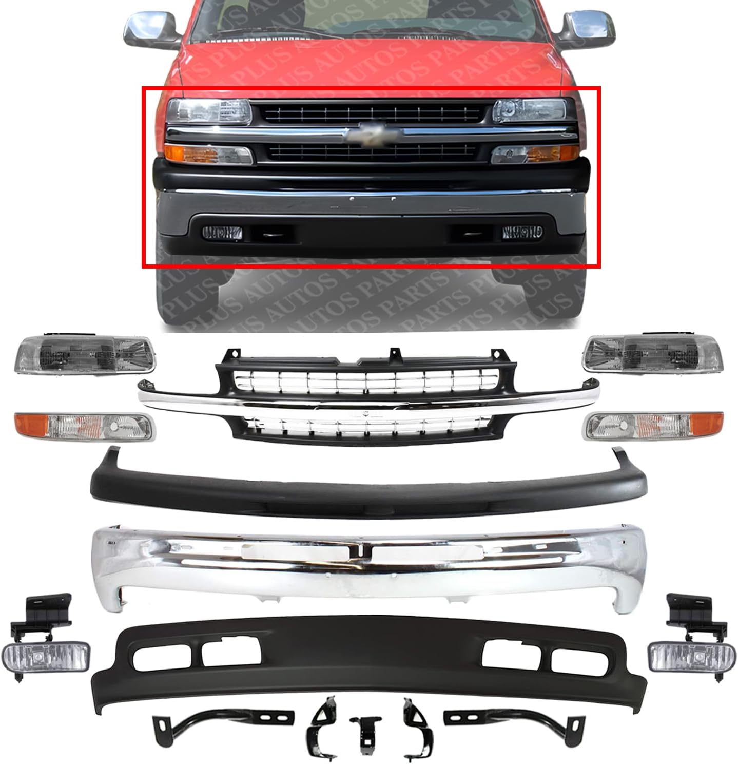 Front Bumper Chrome + Upper Cover + Lower Valance + Grille + Brackets + Headlight + Signal & Fog Light For 1999-2002 Chevrolet Silverado 1500/2000-2006 Suburban/Tahoe GM1200424