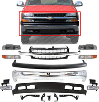 Front Bumper Chrome + Upper Cover + Lower Valance + Grille + Brackets + Headlight + Signal & Fog Light For 1999-2002 Chevrolet Silverado 1500/2000-2006 Suburban/Tahoe GM1200424
