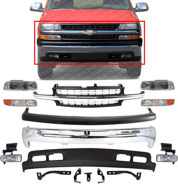 Front Bumper Chrome + Upper Cover + Lower Valance + Grille + Brackets + Headlight + Signal & Fog Light For 1999-2002 Chevrolet Silverado 1500/2000-2006 Suburban/Tahoe GM1200424