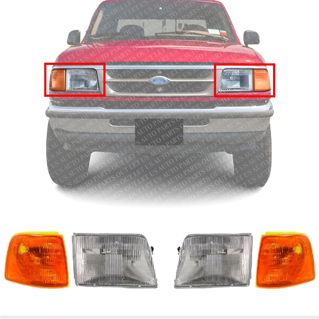 Front Head Lights Assembly + Corner Lamps Left Driver & Right Passenger Side Direct Replacement Compatible With 1993-1997 Ford Ranger FO2502119 FO2503115 FO2521116