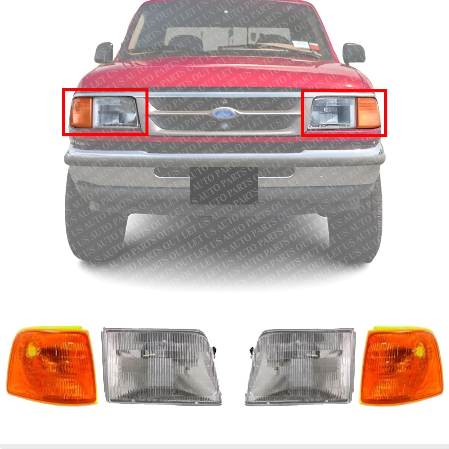 Front Head Lights Assembly + Corner Lamps Left Driver & Right Passenger Side Direct Replacement Compatible With 1993-1997 Ford Ranger FO2502119 FO2503115 FO2521116