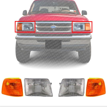 Front Head Lights Assembly + Corner Lamps Left Driver & Right Passenger Side Direct Replacement Compatible With 1993-1997 Ford Ranger FO2502119 FO2503115 FO2521116