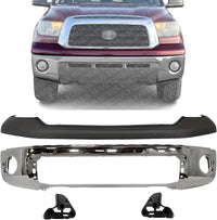 Front Bumper Face Bar Chrome Steel + Upper Cover Primed + Support Brackets Left Driver & Right Passenger Side Direct Replacement Compatible With 2007-2013 Toyota Tundra TO1002182