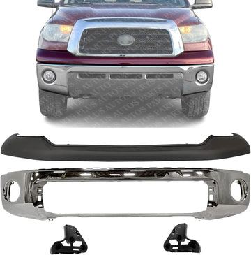 Front Bumper Face Bar Chrome Steel + Upper Cover Primed + Support Brackets Left Driver & Right Passenger Side Direct Replacement Compatible With 2007-2013 Toyota Tundra TO1002182