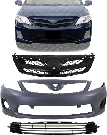 AUTOS PARTS PLUS Front Bumper Cover Primed + Upper Grille Painted Black Shell And Insert + Lower Textured Direct Replacement Compatible With 2011-2013 Toyota Corolla TO1000372 TO1036125 TO1200340