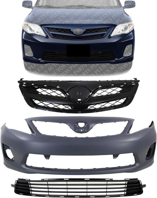 AUTOS PARTS PLUS Front Bumper Cover Primed + Upper Grille Painted Black Shell And Insert + Lower Textured Direct Replacement Compatible With 2011-2013 Toyota Corolla TO1000372 TO1036125 TO1200340