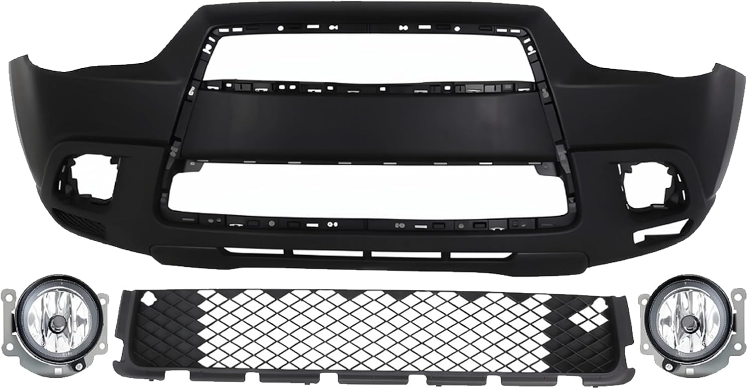 Front Bumper Cover Primed Plastic + Lower Grille + Fog Light + Trim Left Driver & Right Passenger Side Direct Replacement Compatible With 2011-2012 Mitsubishi Outlander/RVR