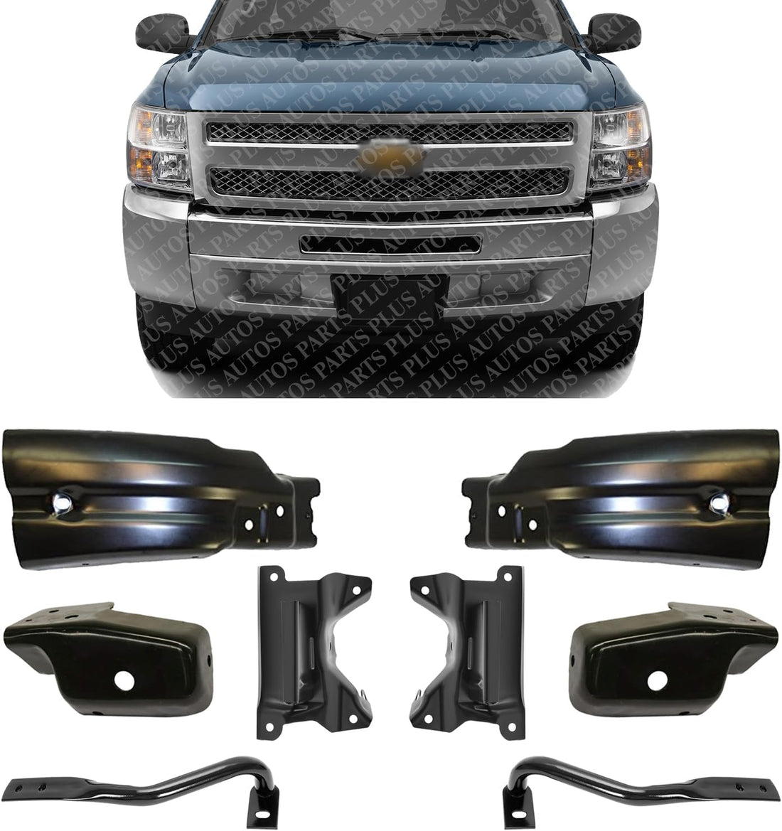 Front Bumper Brackets + Extension And Outer Brace Support Steel Right Passenger & Left Driver Side Direct Replacement Compatible With 2007-2013 Chevrolet Silverado 1500 GM1066180