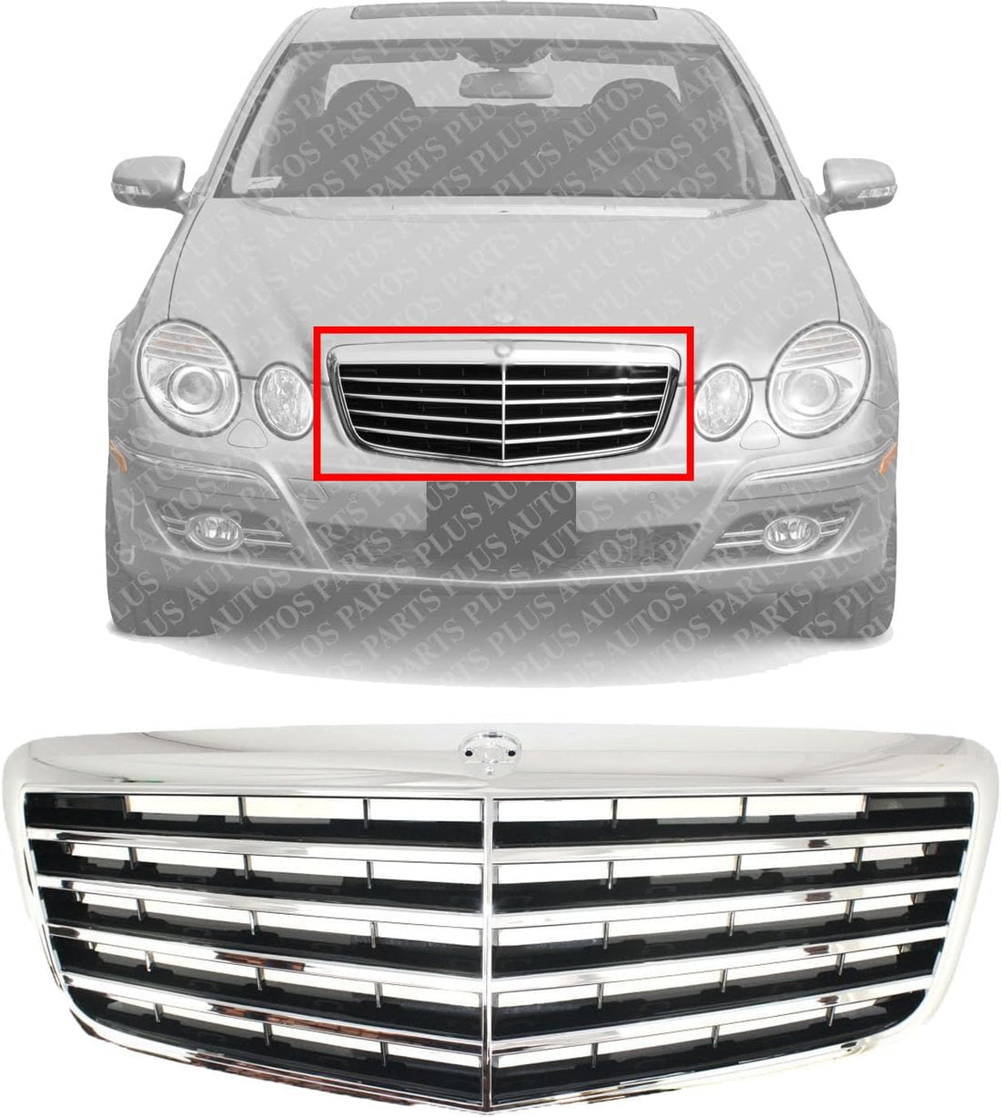 Front Grille Chrome Shell with Black Insert Without Proximity Cruise Control Direct Replacement Compatible With 2007-2009 Mercedes Benz E-CLASS MB1200146 21188017839040