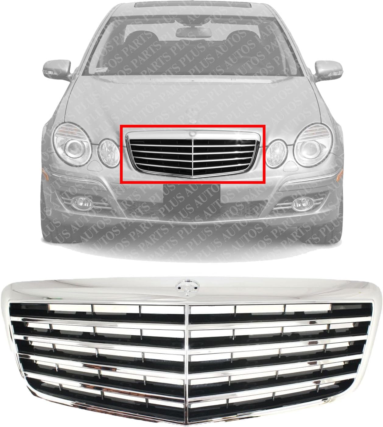 Front Grille Chrome Shell with Black Insert Without Proximity Cruise Control Direct Replacement Compatible With 2007-2009 Mercedes Benz E-CLASS MB1200146 21188017839040