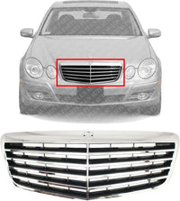 Front Grille Chrome Shell with Black Insert Without Proximity Cruise Control Direct Replacement Compatible With 2007-2009 Mercedes Benz E-CLASS MB1200146 21188017839040