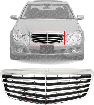 Front Grille Chrome Shell with Black Insert Without Proximity Cruise Control Direct Replacement Compatible With 2007-2009 Mercedes Benz E-CLASS MB1200146 21188017839040