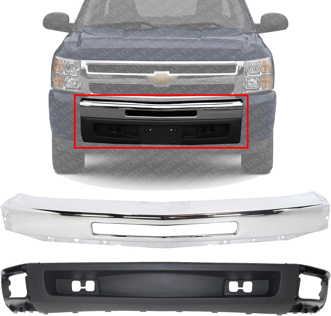 Front Bumper Impact Bar Chrome Steel + Lower Valance Air Deflector Textured with Tow Hook Holes Direct Replacement Compatible With 2007-2013 Chevrolet Silverado 1500 GM1092192