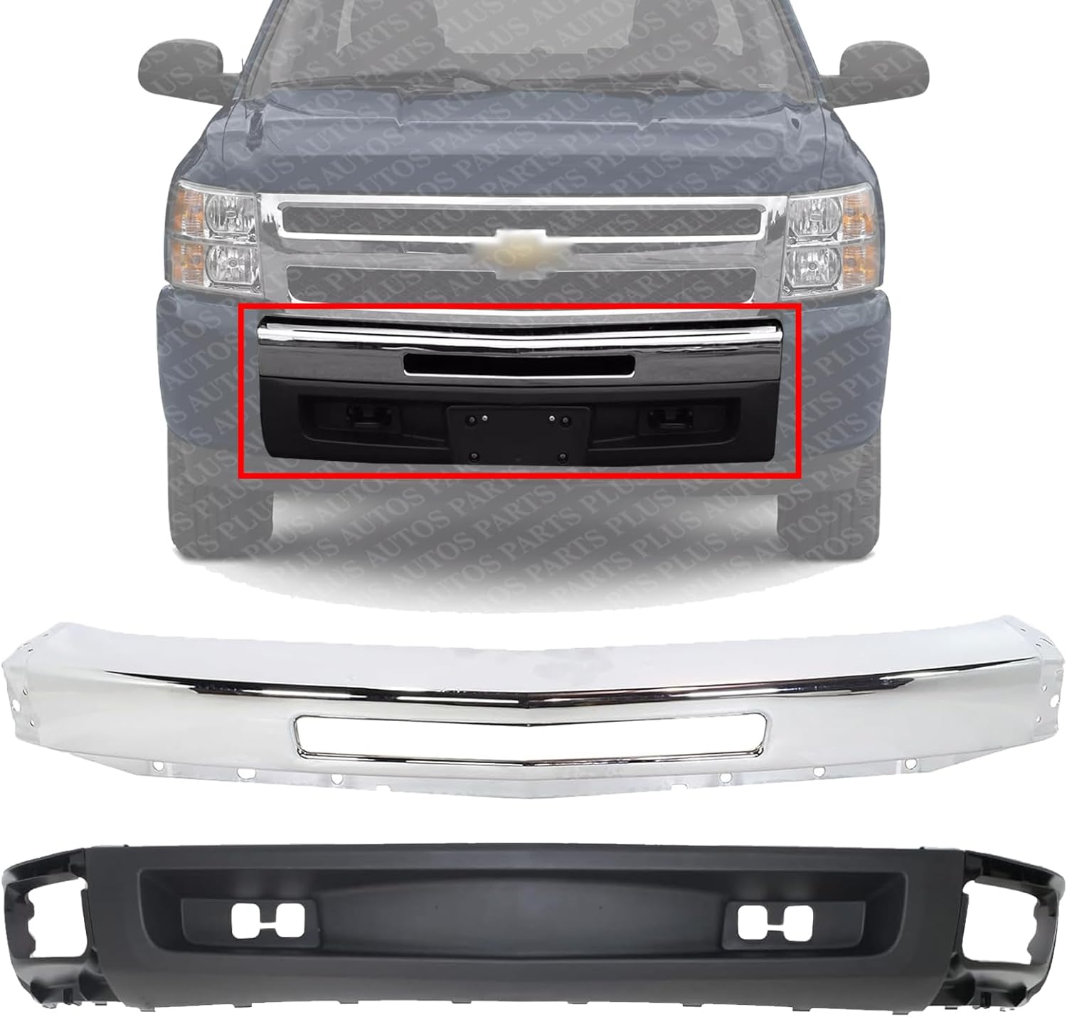 Front Bumper Impact Bar Chrome Steel + Lower Valance Air Deflector Textured with Tow Hook Holes Direct Replacement Compatible With 2007-2013 Chevrolet Silverado 1500 GM1092192