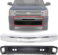 Front Bumper Impact Bar Chrome Steel + Lower Valance Air Deflector Textured with Tow Hook Holes Direct Replacement Compatible With 2007-2013 Chevrolet Silverado 1500 GM1092192