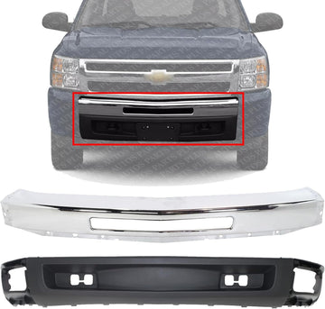 Front Bumper Impact Bar Chrome Steel + Lower Valance Air Deflector Textured with Tow Hook Holes Direct Replacement Compatible With 2007-2013 Chevrolet Silverado 1500 GM1092192