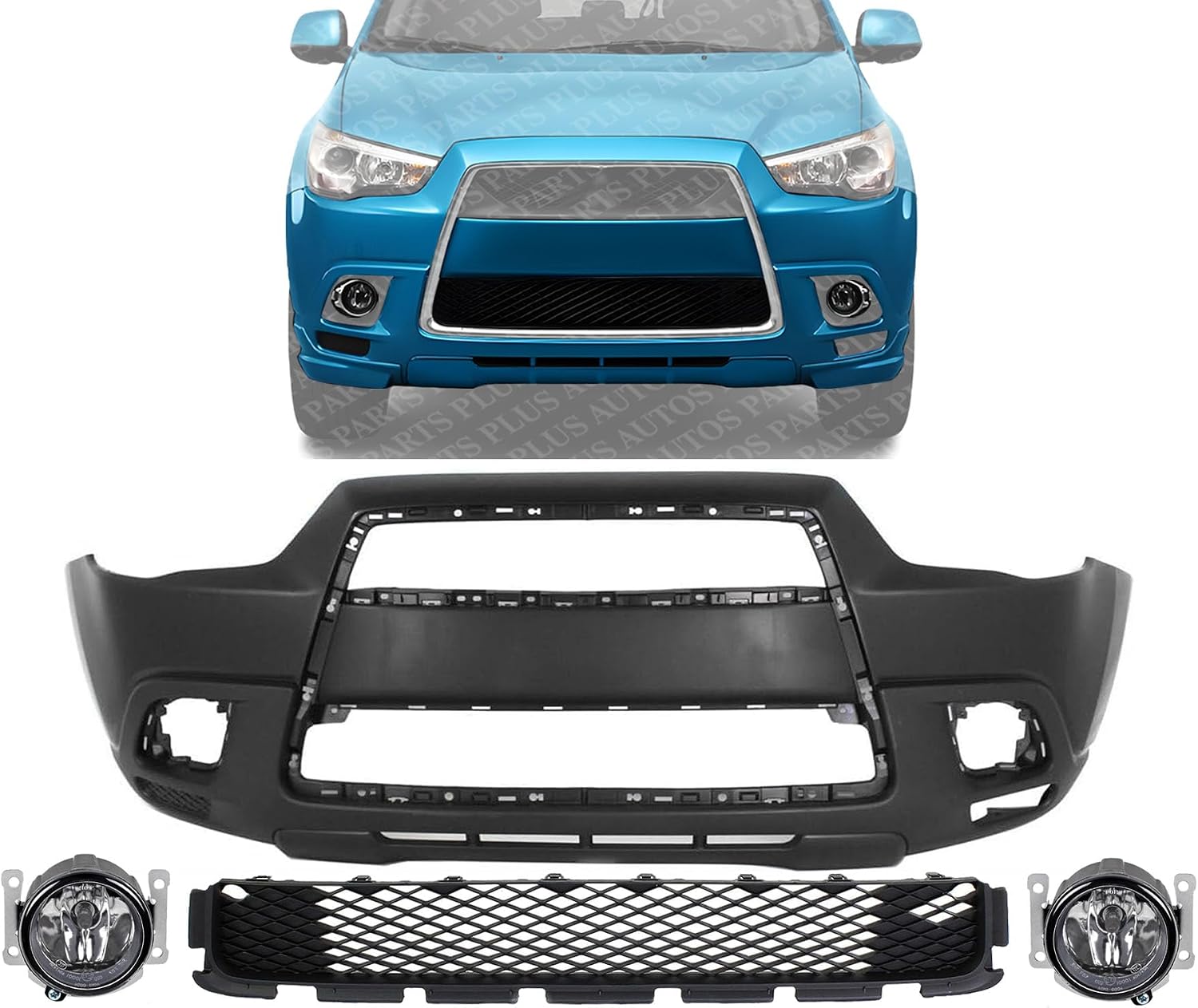 Front Bumper Cover Primed Plastic + Lower Grille + Fog Lights Left Driver & Right Passenger Side Direct Replacement Compatible With 2011-2012 Mitsubishi Outlander/RVR