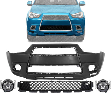 Front Bumper Cover Primed Plastic + Lower Grille + Fog Lights Left Driver & Right Passenger Side Direct Replacement Compatible With 2011-2012 Mitsubishi Outlander/RVR