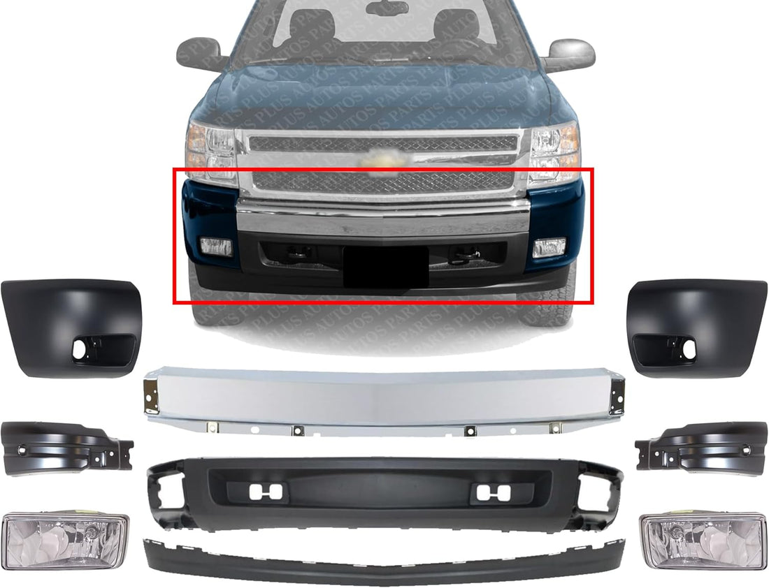 Front Bumper Chrome Steel + Lower Valance + Extension + End Caps + Brackets + Fog Lights Driver & Passenger Side Direct Replacement Compatible With 2007-2013 Chevrolet Silverado 1500