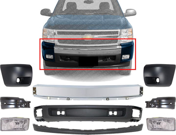 Front Bumper Chrome Steel + Lower Valance + Extension + End Caps + Brackets + Fog Lights Driver & Passenger Side Direct Replacement Compatible With 2007-2013 Chevrolet Silverado 1500