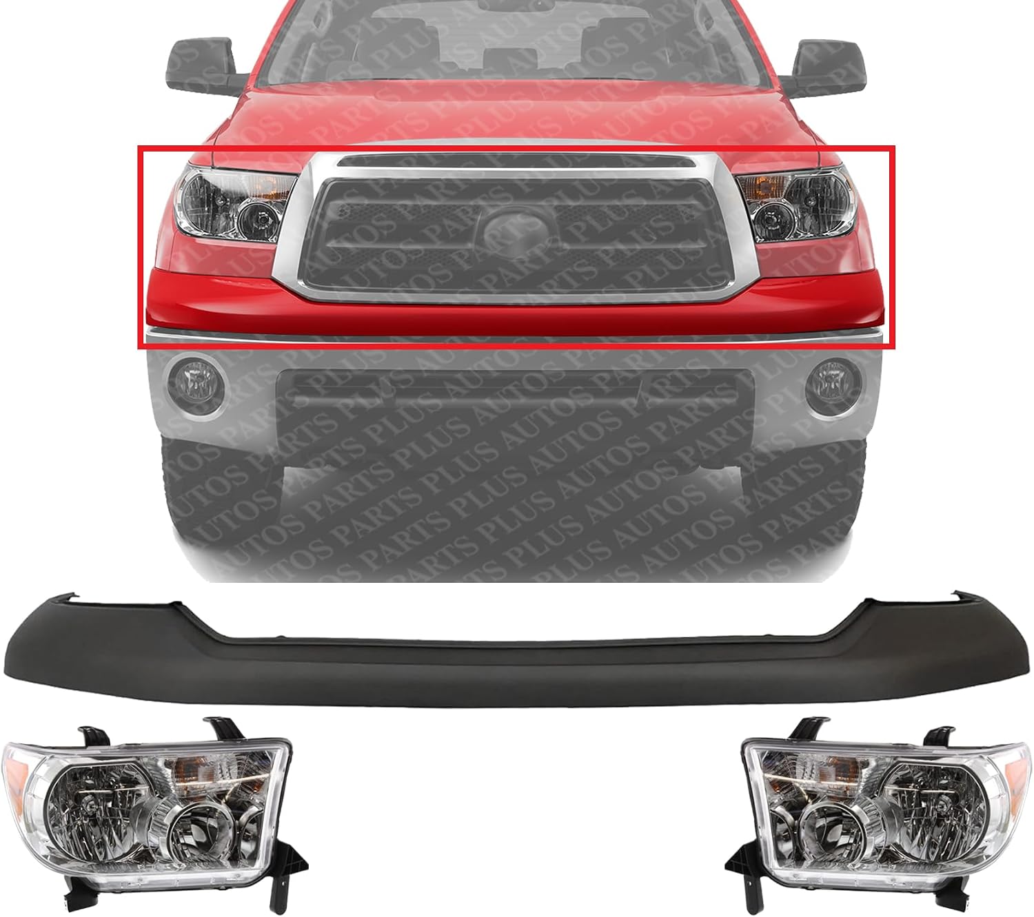 Front Bumper Upper Cover Primed + Headlight Assembly Left Driver & Right Passenger Side Direct Replacement Compatible With 2007-2013 Toyota Tundra TO1014100 TO2503171 TO2502171