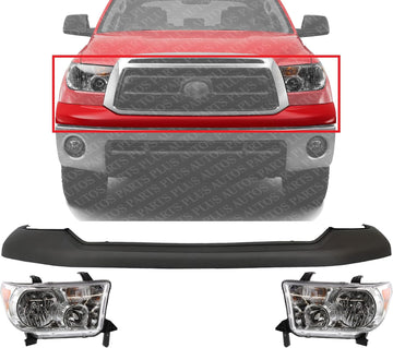 Front Bumper Upper Cover Primed + Headlight Assembly Left Driver & Right Passenger Side Direct Replacement Compatible With 2007-2013 Toyota Tundra TO1014100 TO2503171 TO2502171