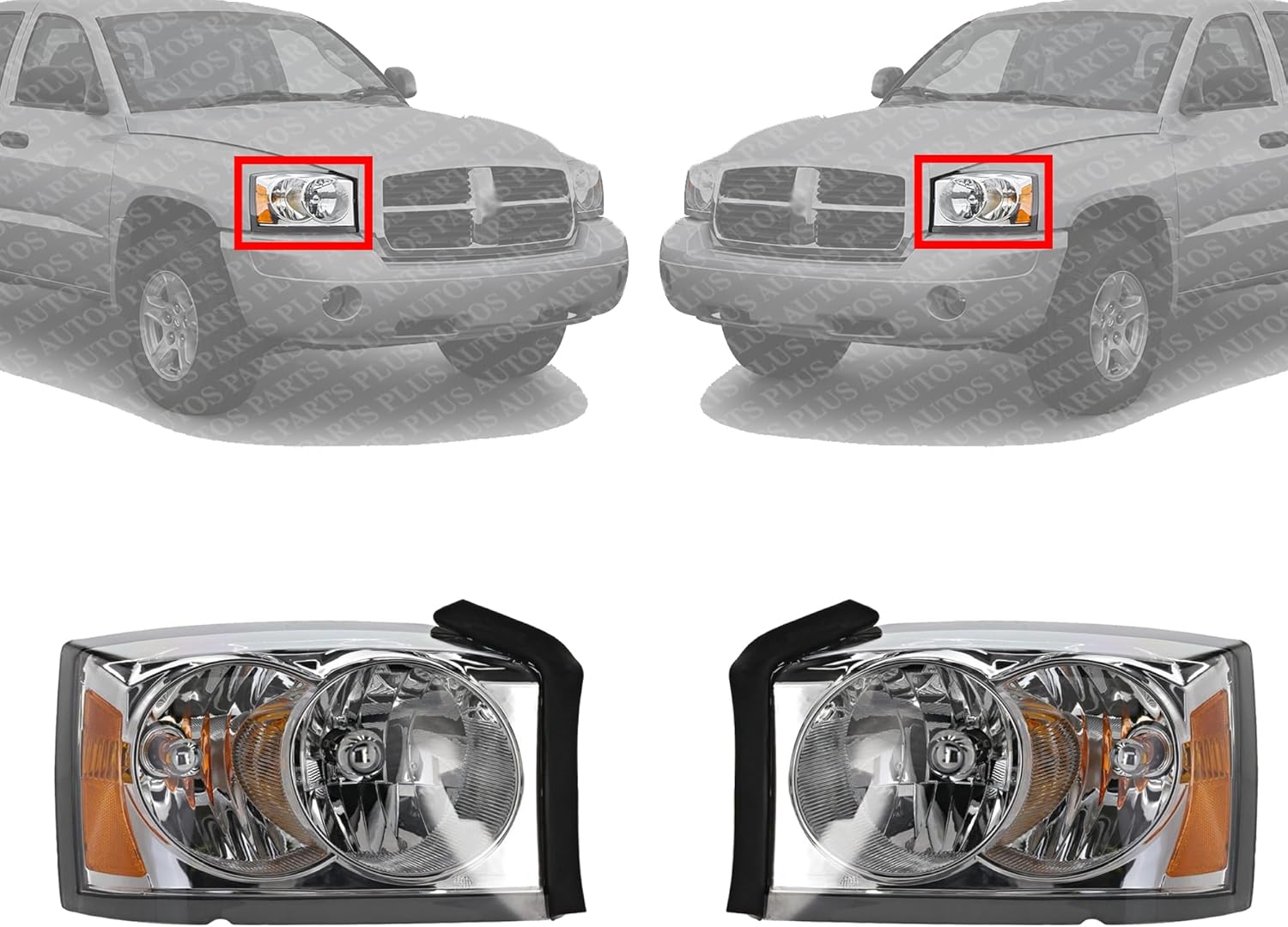 Set Of 2 Front Headlight Assembly With Chrome Interior Right Passenger & Left Driver Side Direct Replacement For 2005-2007 Dodge Dakota CH2502159 CH2503159 55077607AB 55077606AB