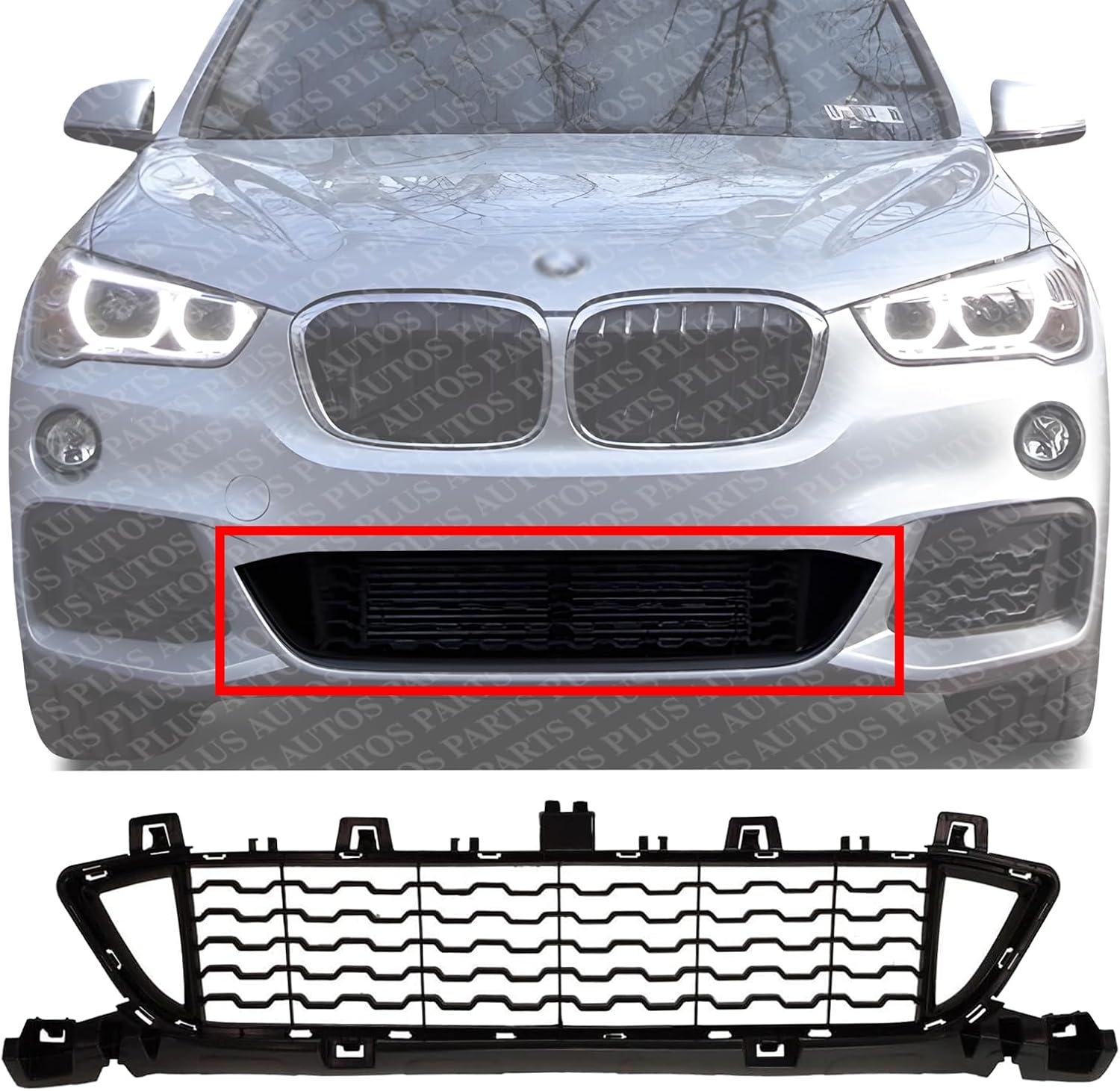 Front Bumper Center Grille Primed Plastic Direct Replacement Compatible With 2017-2019 BMW X1 BM1036167 51118059888