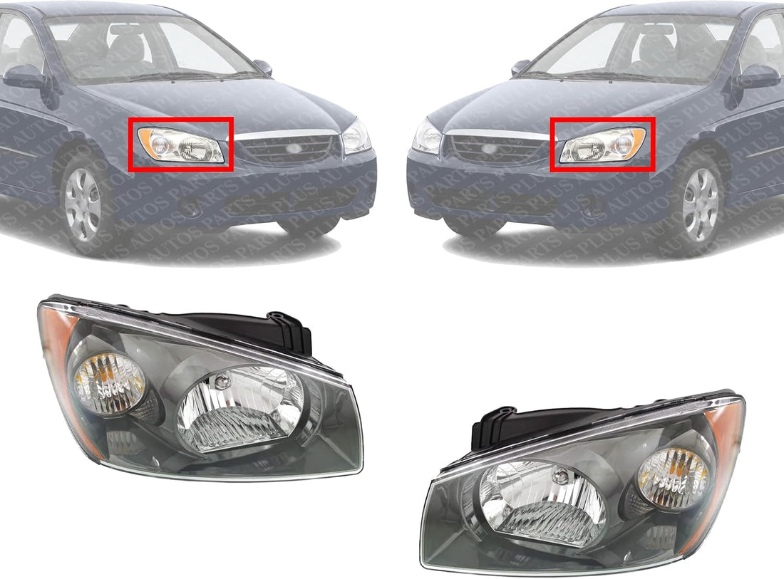 Set Of 2 Front Head Light Assembly Plastic Left Driver & Right Passenger Side Direct Replacement Compatible With 2004-2006 Kia Spectra KI2503117 KI2502117 921022F230 921012F230