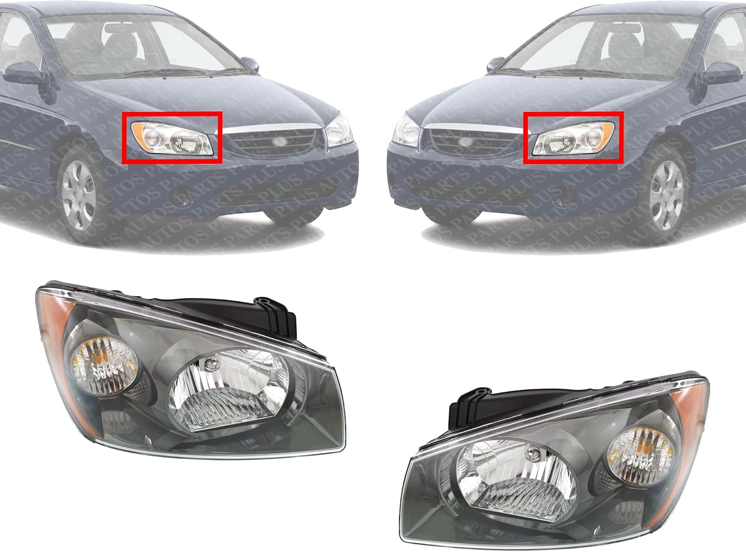 Set Of 2 Front Head Light Assembly Plastic Left Driver & Right Passenger Side Direct Replacement Compatible With 2004-2006 Kia Spectra KI2503117 KI2502117 921022F230 921012F230