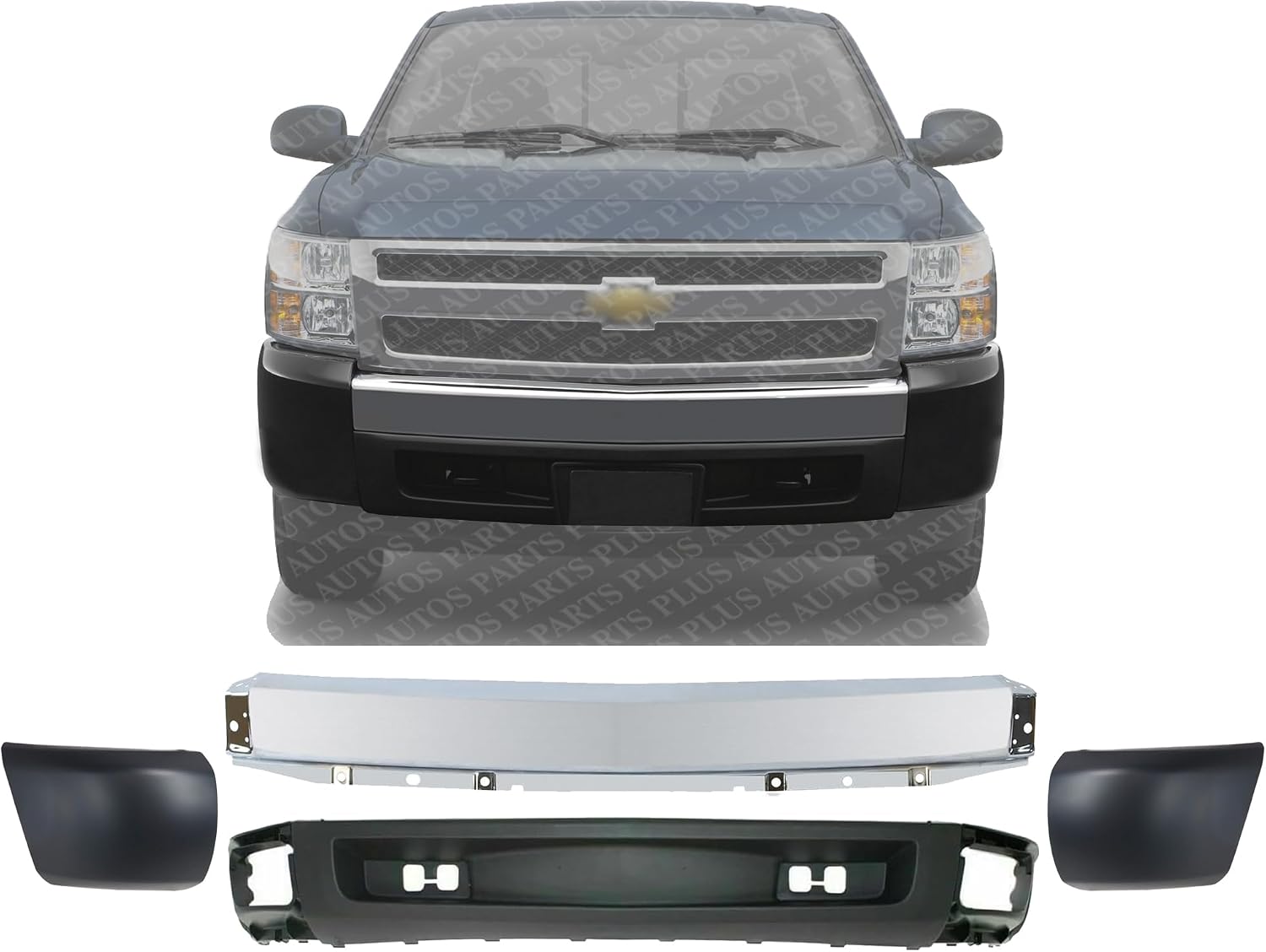 Front Bumper Impact Bar Chrome + Lower Valance Textured + End Caps Left Driver & Right Passenger Side Direct Replacement Compatible With 2007-2008 Chevrolet Silverado 1500 GM1002830