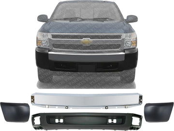 Front Bumper Impact Bar Chrome + Lower Valance Textured + End Caps Left Driver & Right Passenger Side Direct Replacement Compatible With 2007-2008 Chevrolet Silverado 1500 GM1002830