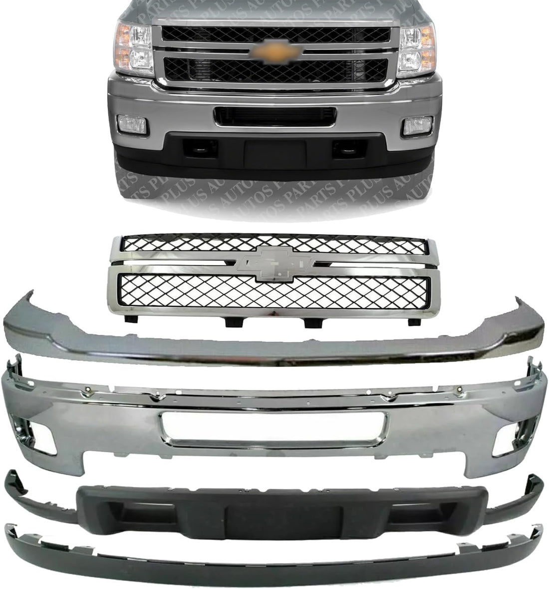Front Bumper Impact Bar Chrome + Grille + Upper Cover + Lower Valance + Extension Textured Direct Replacement Compatible With 2011-2014 Chevrolet Silverado 2500HD 3500 GM1014106