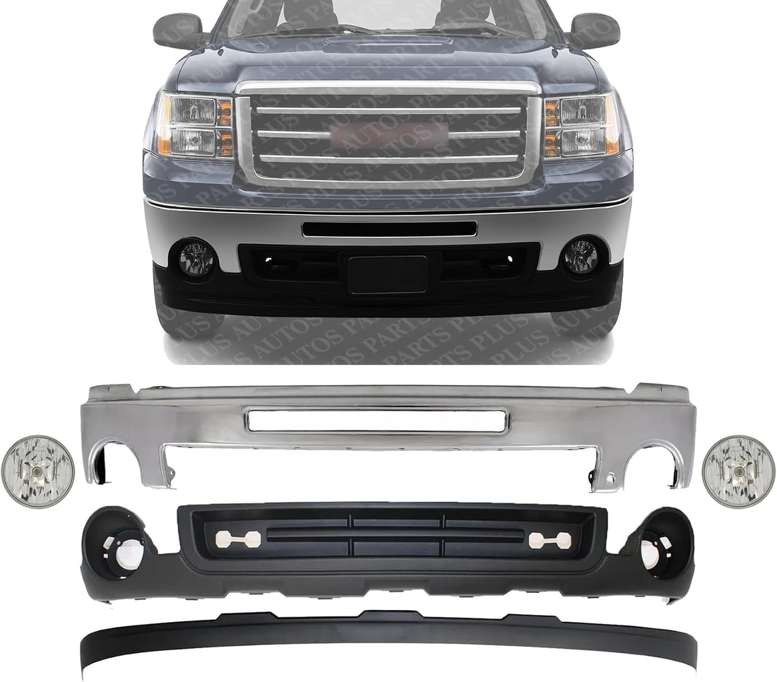 Front Bumper Chrome Steel + Lower Valance Air Deflector Textured + Extension + Fog Lamps Assembly Left & Right Side Direct Replacement Compatible With 2007-2013 GMC Sierra 1500