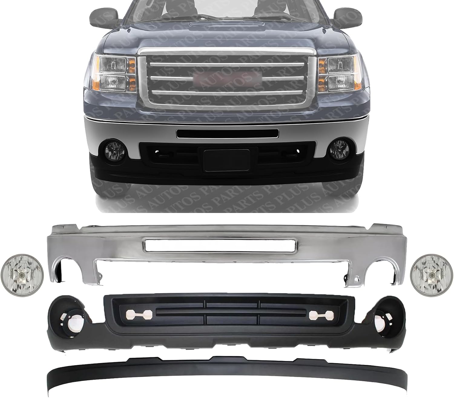 Front Bumper Chrome Steel + Lower Valance Air Deflector Textured + Extension + Fog Lamps Assembly Left & Right Side Direct Replacement Compatible With 2007-2013 GMC Sierra 1500