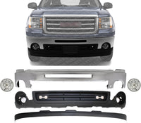 Front Bumper Chrome Steel + Lower Valance Air Deflector Textured + Extension + Fog Lamps Assembly Left & Right Side Direct Replacement Compatible With 2007-2013 GMC Sierra 1500